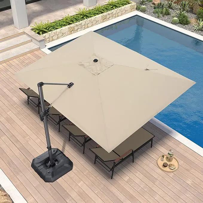 PURPLE LEAF 9' X 11.5' Patio Umbrella with Base Outdoor Cantilever Rectangle Umbrella Offset Umbrella with 360-degree Rotation for Garden Deck Pool Patio, Beige by GreenHaven Gardens