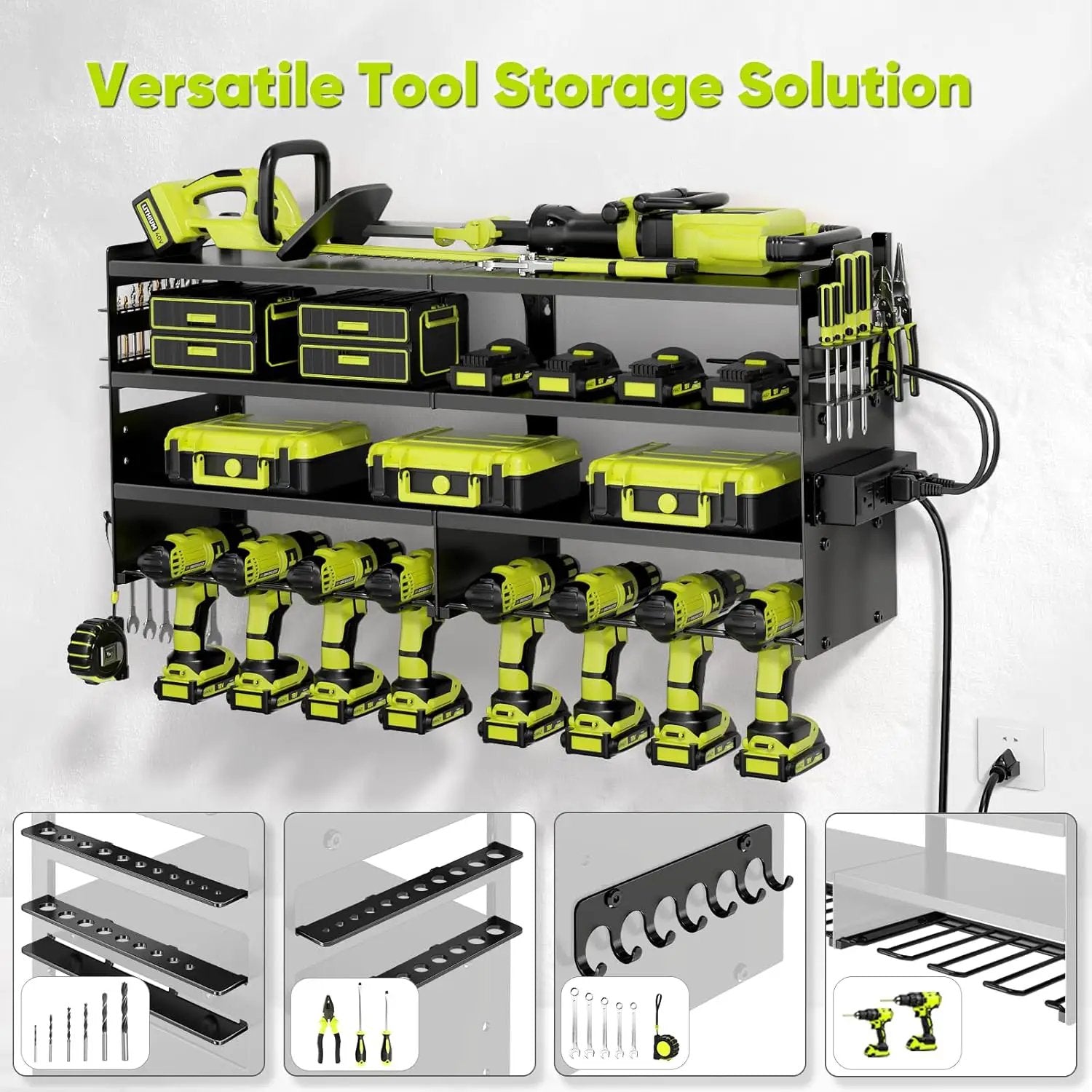 Large Power Tool Organizer Wall Mount with Charging Station,4 Layer Heavy Duty Metal Tool Storage Rack Loads 600lbs with 8 Cordless Drill Holder,Battery Utility Rack Loads with 4 Power Strip by GreenHaven Gardens