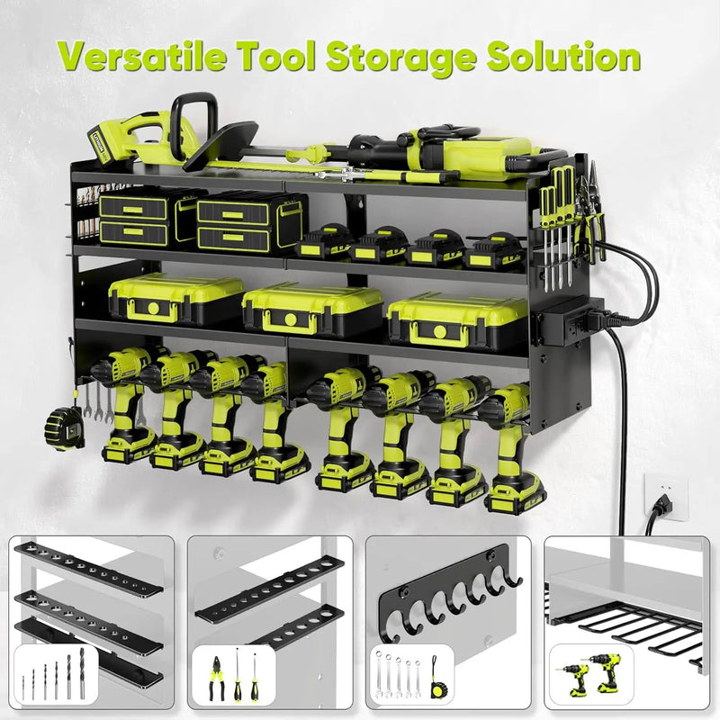 Large Power Tool Organizer Wall Mount with Charging Station,4 Layer Heavy Duty Metal Tool Storage Rack Loads 600lbs with 8 Cordless Drill Holder,Battery Utility Rack Loads with 4 Power Strip by GreenHaven Gardens