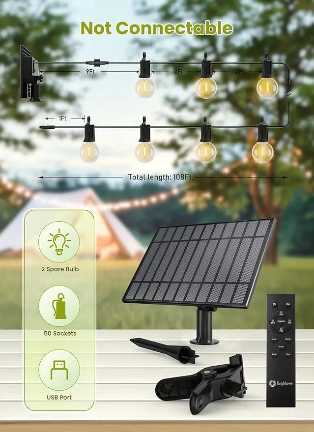 Brightown String Lights Outdoor Waterproof with Remote Cable Ties, 108FT G40 Patio Lights with 50 LED Shatterproof E12 Bulbs, 3 Light Modes, Dimmable Hanging Lights for Backyard Party Decor by GreenHaven Gardens
