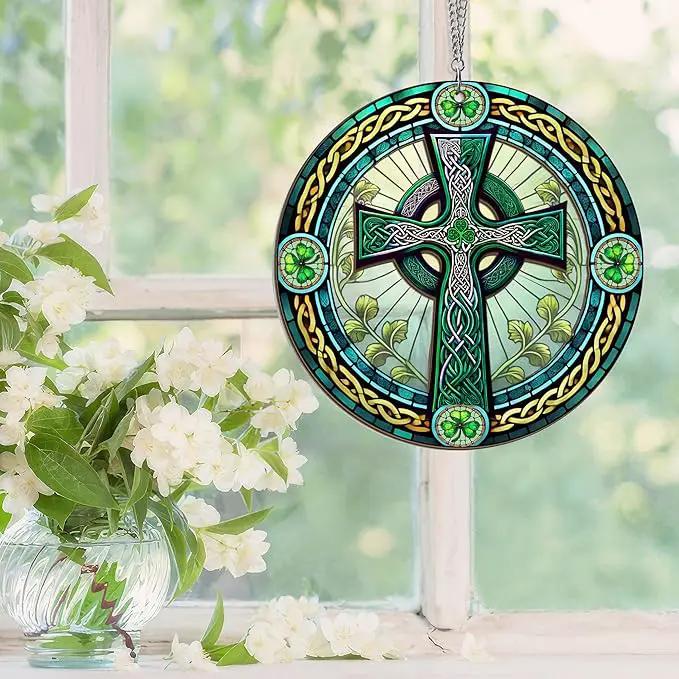 Irish Gifts, St Patricks Day Decor - Birthday, Christmas, Good Luck Irish Gifts for Men Women, Shamrock Decorations, Celtic Cross Home Decor - Window Suncatcher Hanging Decorations 6 in by GreenHaven Gardens