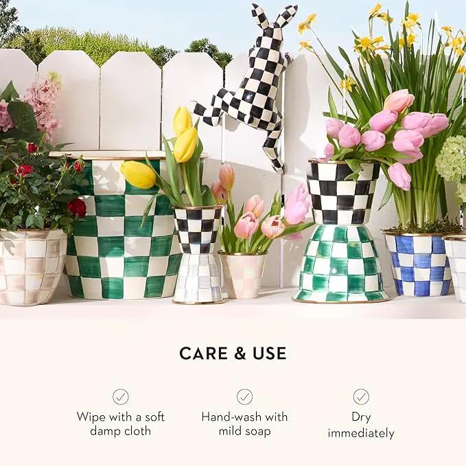 MACKENZIE-CHILDS Flowerpot, Decorative Garden Pot for Growing Plants, Green-and-White Emerald Check