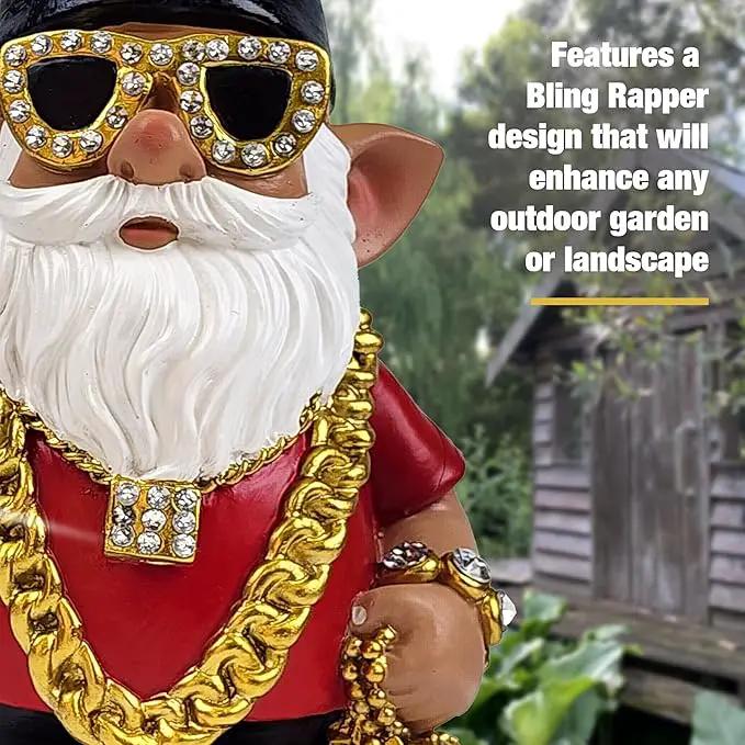 Better Office Products Garden Gnome Statue, 12" Height, Handcrafted Waterproof, UV-Resistant Polyresin Lawn Patio Porch Ornament Decoration (Bling Rapper with Solar Light) by GreenHaven Gardens