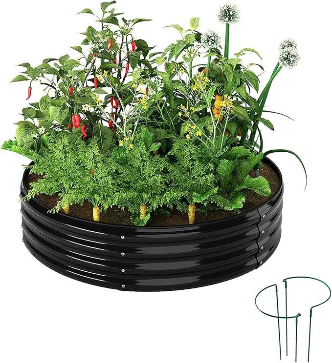 Galvanized Metal Planter Round Raised Garden Bed Kit for Gardening Outdoor，2x2x1ft Grow Garden Box Raised Flower Bed，Round Galvanized Planter Outdoor Metal Fire Pit Ring Black by GreenHaven Gardens