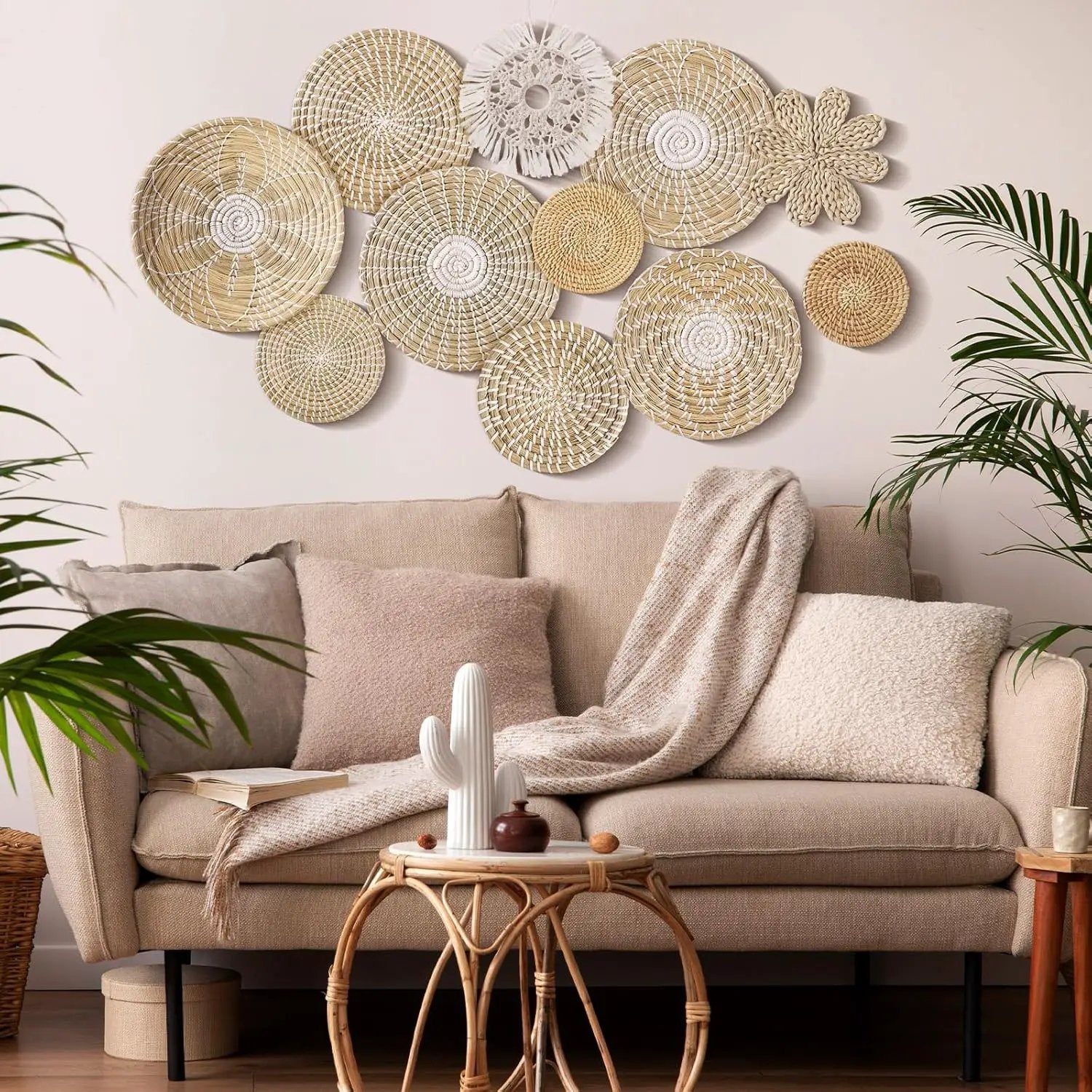 11 Pcs Boho Hanging Wall Basket Decor Handmade Woven Basket Wall Decorative Boho Wicker Baskets Placemats Round Farmhouse Bulrush Art for Rustic Home Decorations Christmas Gift(Fresh) by GreenHaven Gardens