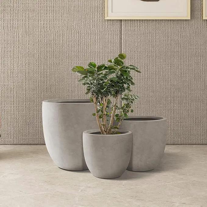 Kante 18",14",10" Dia Concrete Round Planters (Set of 3), Outdoor Indoor Large Planter Pots with Drainage Hole and Rubber Plug for Home Patio Garden, Weathered Concrete by GreenHaven Gardens