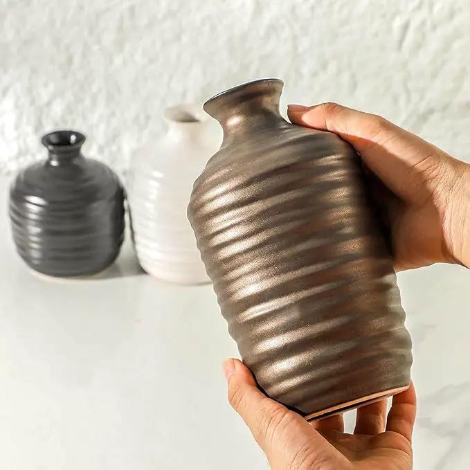 Ceramic Vase Set of 3 Decorative Vase for Home Decor Modern Farmhouse Decor Pottery Neutral Vases for Living Room Bathroom Table Mantel Fireplace Entryway Shelf (02-Metallic) by GreenHaven Gardens