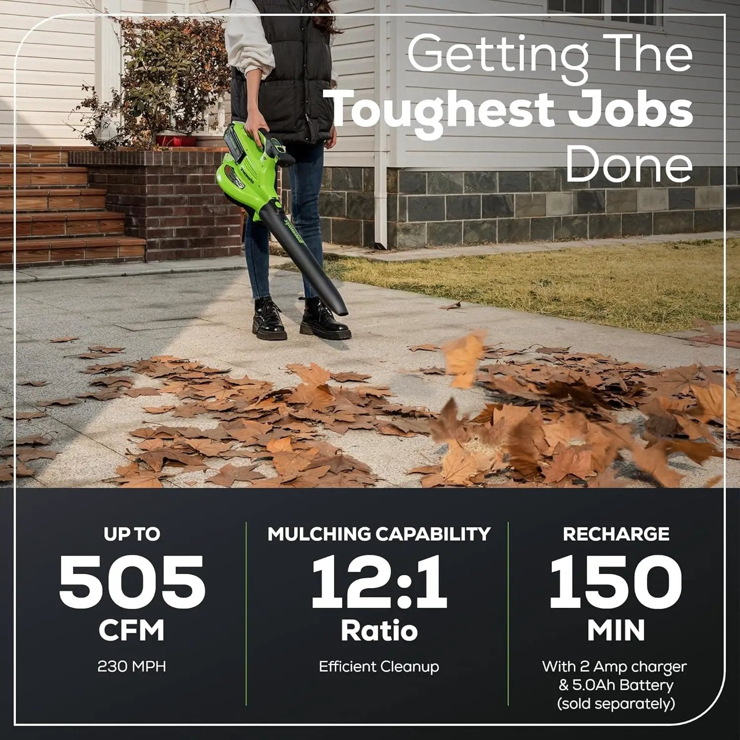 Greenworks 40V (230 MPH / 505 CFM) Cordless Brushless Leaf Blower/Vacuum with Bag, High Power, Lightweight & Quiet for Yard Debris Cleanup, Battery and Charger not included by GreenHaven Gardens