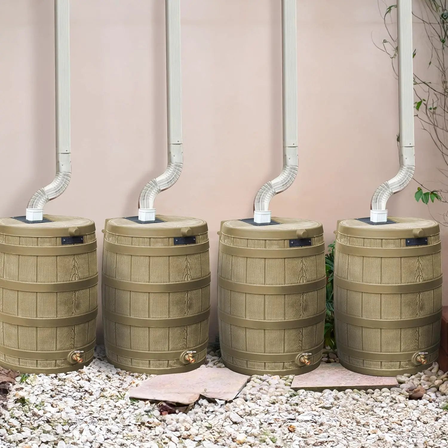 Good Ideas Rain Wizard 50 Gallon Plastic Outdoor Home Rain Barrel Water Storage Collector with Brass Spigot and Flat Back Design, Khaki (4 Pack) by GreenHaven Gardens