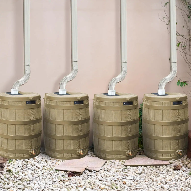 Good Ideas Rain Wizard 50 Gallon Plastic Outdoor Home Rain Barrel Water Storage Collector with Brass Spigot and Flat Back Design, Khaki (4 Pack) by GreenHaven Gardens