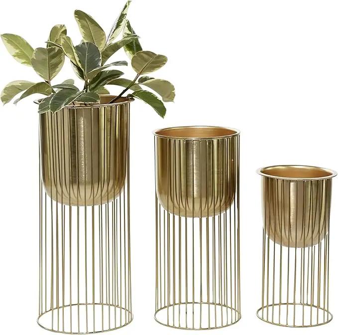 Deco 79 Metal Indoor Outdoor Planter Deep Recessed Dome Large Planter Pot with Elevated Caged Stand, Set of 3 Planters 24", 20", 16"H, Gold by GreenHaven Gardens