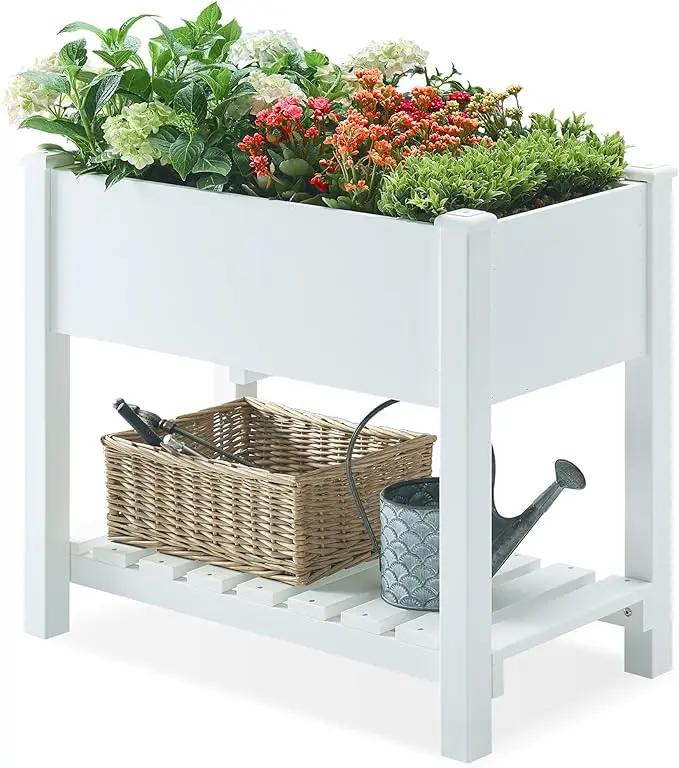 Psilvam Planter Box Raised Garden Bed, Poly Lumber Raised Garden Beds Outdoor with Storage Racks and Tarps, Superior to Cedar Elevated Garden Bed with Leg, for Balcony and Porch, 350 lbs Load (White) by GreenHaven Gardens