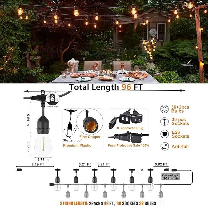 Achin Outdoor String Lights 96FT(48FT*2) Waterproof IP65 LED Patio Lights with 30+2 S14 Edison Bulbs Warm 2200K Hanging Lights Outside Shatterproof String Lights for Outside Bistro, Market, Yard by GreenHaven Gardens