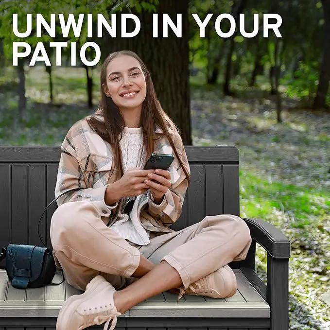 EconoHome 2 Seat Outdoor Storage Bench with Rain Cover - 60 Gallon Capacity - Weatherproof Resin Bench for Patio, Porch, Garden, Yard, Pool Area - Furniture for Pool Accessories, Gardening Tools by GreenHaven Gardens