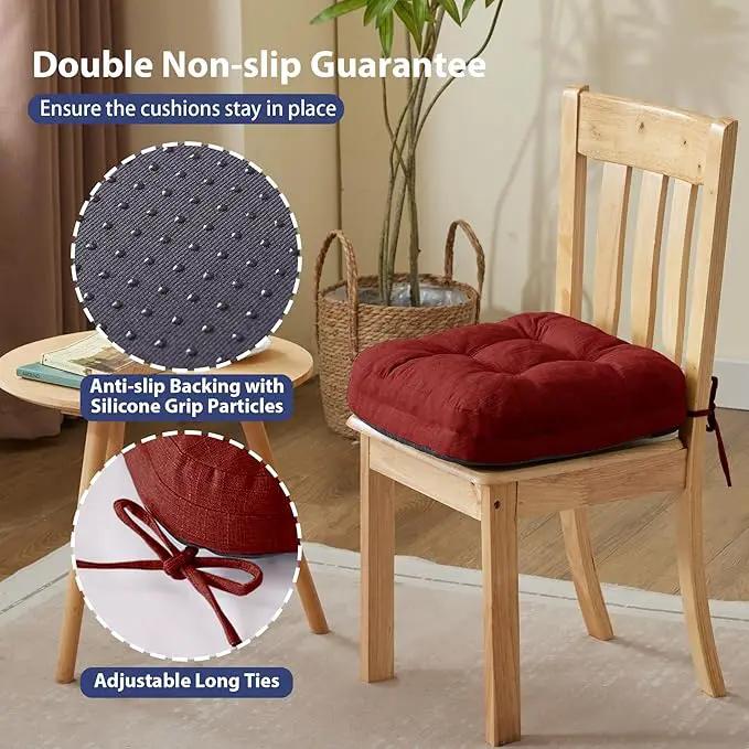 Chair Cushions for Dining Chairs, Dining Chair Cushions, Tufted Indoor Chair Pads with Ties & Non Slip Backing, Seat Cushions for Kitchen Chairs 16.5” x 16.5” x 3.5”, Set of 4, Red by GreenHaven Gardens
