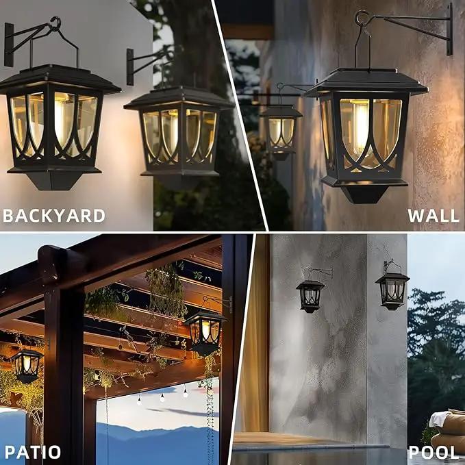 Solar Lanterns Outdoor Waterproof 2 Pack, Glass Auto On/Off LED Hanging Solar Lights, Outdoor Lantern with Wall Mount for Yard Fence Patio - Black by GreenHaven Gardens