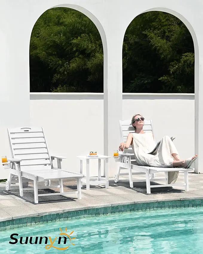 Lounge Chair Outdoor, Chaise Lounge Outdoor, HDPE 6-Position Lounge Chair for Outside, Patio Lounge Chair with Wheels & Cup Holder for Pool Poolside Deck Backyard, White by GreenHaven Gardens