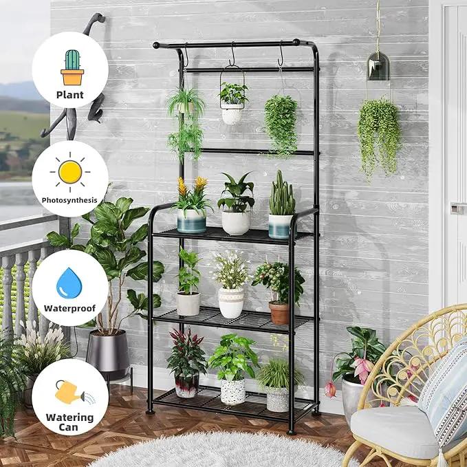 Plant Stand Indoor Outdoor, Heavy Duty Metal 3 Tiered Tall Hanging Plant Shelf for Multiple Flower Planter Holder 67" Large Rack for Living Room Garden Balcony, Black by GreenHaven Gardens