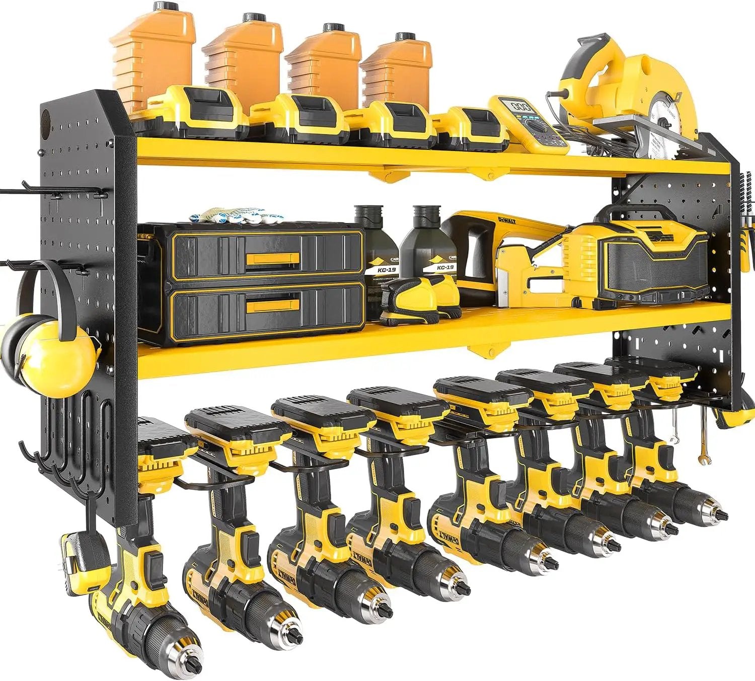 KAFAHOM Power Tool Organizer,Large 8 Drill Holder Wall Mount with 2 Side Pegboards,Metal Tool Shelf with 12 Hooks,Storage Rack for Garage Organization,Utility Cordless Drill Holder - Yellow by GreenHaven Gardens