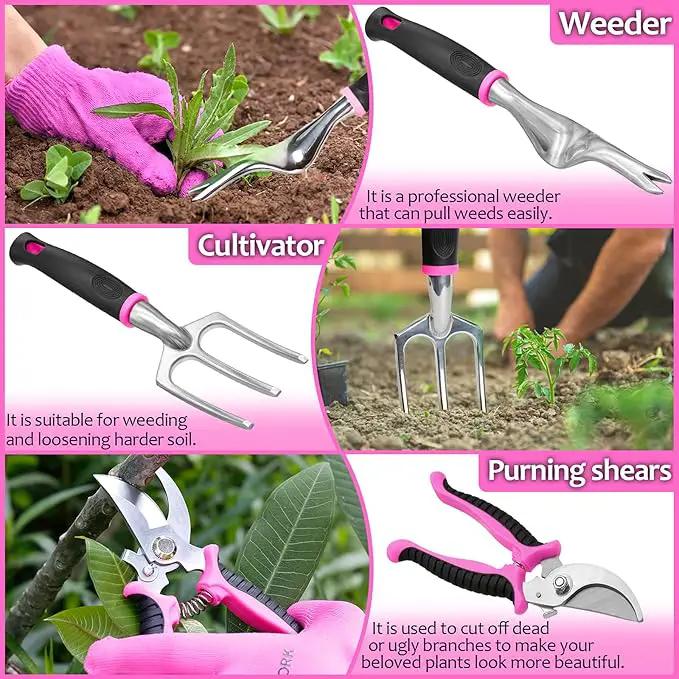 THINKWORK Pink Garden Tools, Gardening Gifts for Women, with 2 in 1 Detachable Storage Bag, Trowel, Transplanter, Rake, Weeder, Cultivator, Purning Shears and 3 Additional Protection Tools by GreenHaven Gardens