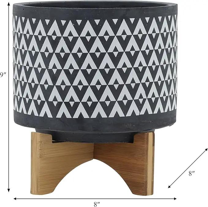 Sagebook Home 9" H 8" Diameter Dark Gray and Ivory Aztec Design Ceramic Planter with Solid Rubberwood Stand for Living Room, Bedroom, or Office by GreenHaven Gardens