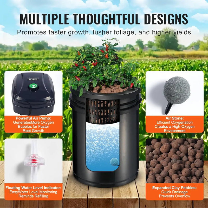 VEVOR RDWC Hydroponics Grow System, Hydroponic Growing Kit with Top Drip, Recirculating Deep Water Culture 4 Buckles and 1 Reservoir, with Air Pump and Water Level Device for Leafy Vegetables by GreenHaven Gardens