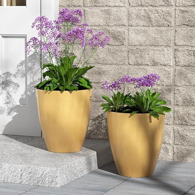 QCQHDU Plant Pots Set of 2 Pack,10 Inch Plant Pot for Indoor and Outdoor Plants with Drainage Hole,Flower Pots Modern Decorative Planter for Garden Plants (Golden) by GreenHaven Gardens