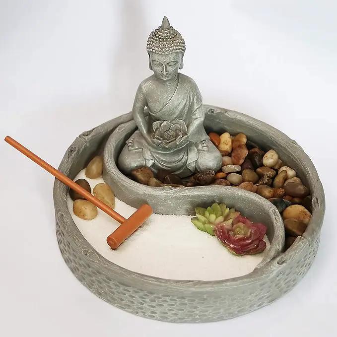 Nature's Mark Mini Zen Garden Kit for Desk with Lotus, Buddha Figures, Rake and Natural Sand River Rocks Table/Desk Décor Gift Set for Home and Office 6 x 6 Inches Round Base by GreenHaven Gardens