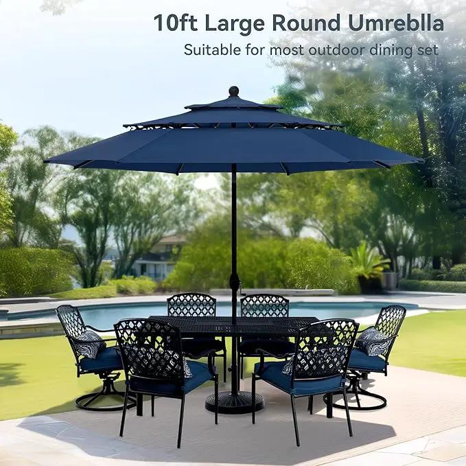 PHI VILLA 10ft Outdoor Patio Umbrellas for Outside, 3 Tier Vented Market Table Umbrella Windproof for Backyard, Deck, Garden, 1.5" Pole, Dark Blue（No Base） by GreenHaven Gardens