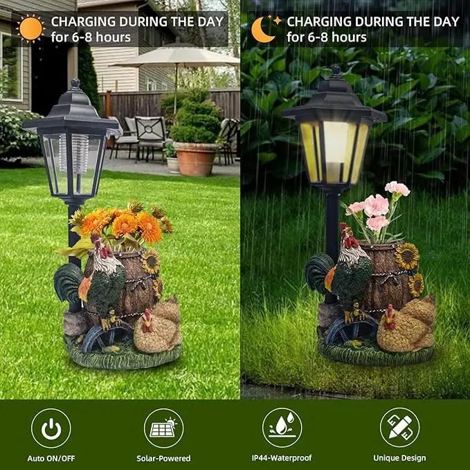 Rooster Statues Outdoor Solar Sculptures with Solar Lights and Flowerpot Funny Garden Decor Animal Figurines Resin Outdoor Statues for Patio Yard Lawn Balcony Grandma Mom Gifts by GreenHaven Gardens