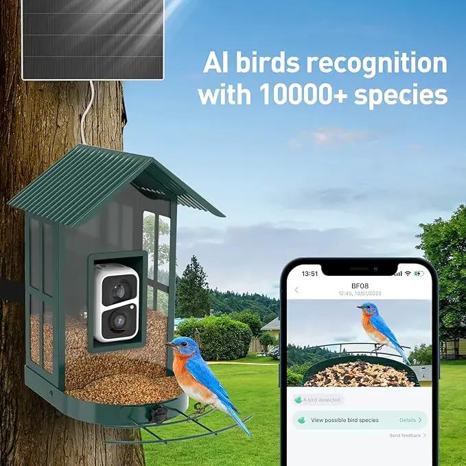 Soliom- Bird Feeder with Camera, 5W Solar Powered, AI Identify Species, Smart Wild Bird Watching, 2K Live View, Instant Arrival Alerts,Large 2.7L Seed Capacity, Metal Squirrel Chew-Proof - BF08 Green by GreenHaven Gardens