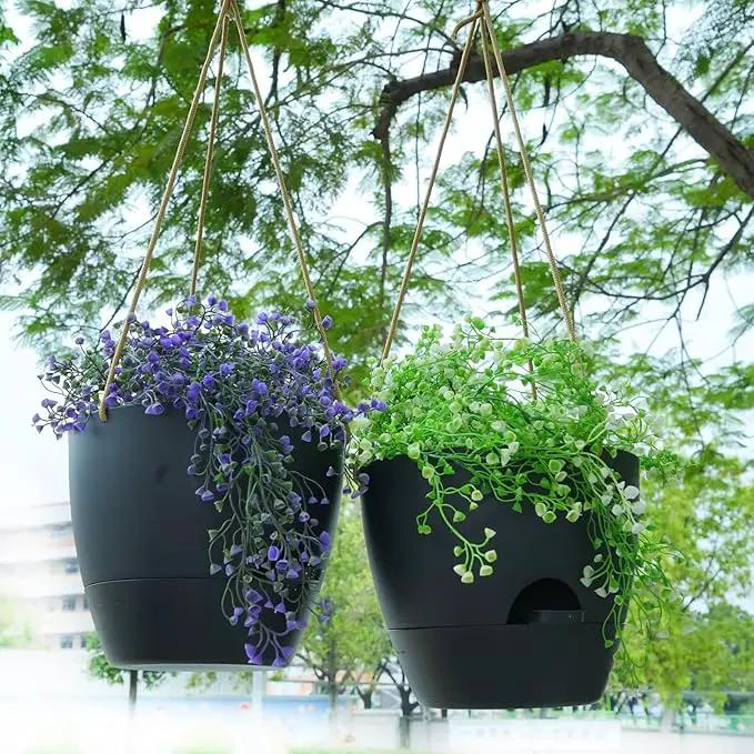 8 inch Hanging Planters, 2 Pack Self Watering Hanging Pots with 20oZ Deep Reservoir for Indoor Outdoor Plants Flowers, Black by GreenHaven Gardens