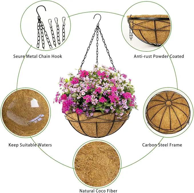 Hanging Planters for Outdoor Plants: 4 Pack 16" Hanging Baskets Flower Pots with Coco Liners & Plastic Saucer Extra Large Deep Hanging Plant Holder for Porch Balcony Garden Décor by GreenHaven Gardens