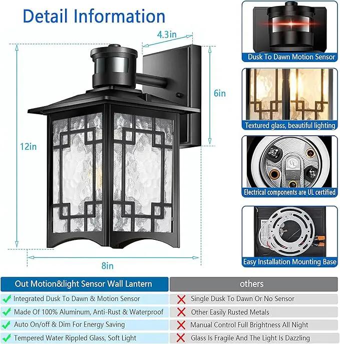 Dusk to Dawn Motion Sensor Light, Outdoor Light Fixture, Aluminum Wall Sconce Lighting, Front Porch Light, Exterior Lights for House Patio, Outside Lights, Wall Mount Anti-Rust Lantern by GreenHaven Gardens