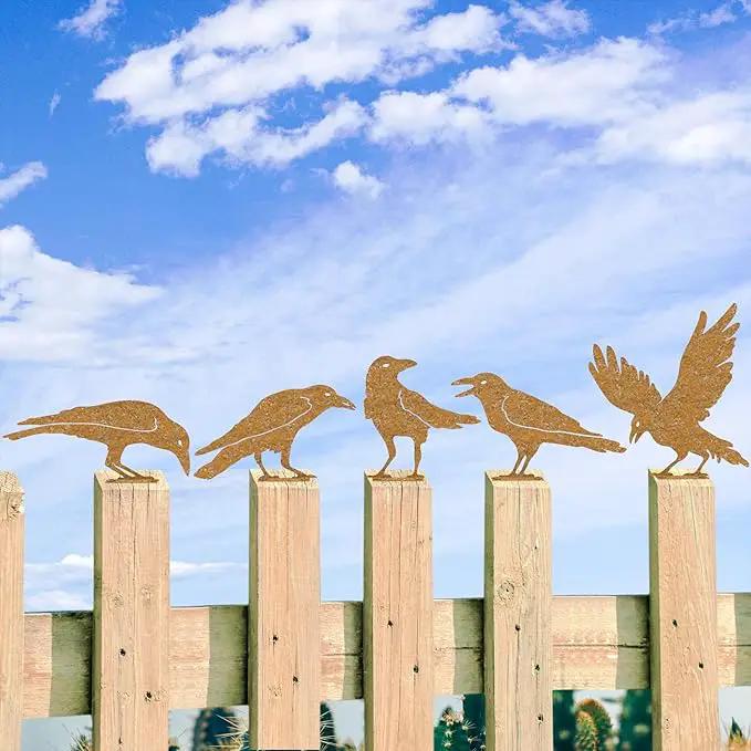 5Pcs Rusty Birds Metal Art Crow for Fence Decorations Outdoor, Metal Birds Craft Statue Ornaments Fence Topper Decor, Metal Bird Silhouette with Rusty Yard Art by GreenHaven Gardens