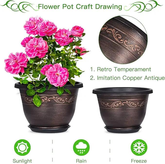 Plastic-Plant-Flower-Planters-8 Inch with Drainage Hole & Saucer, 6 Packs Lightweight Small Resin Flower Pot Indoor Outdoor, Retro Antique Imitation Decorative Garden Containers Sets for Houseplants by GreenHaven Gardens