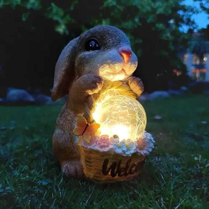 Solar Rabbit Garden Outdoor Statues,Resin Rabbit Figurine Carrying Flower Basket and Magic Orb with Solar LED Lights, Lawn Decor Outdoor Statue for Patio, Balcony, Yard Ornament by GreenHaven Gardens