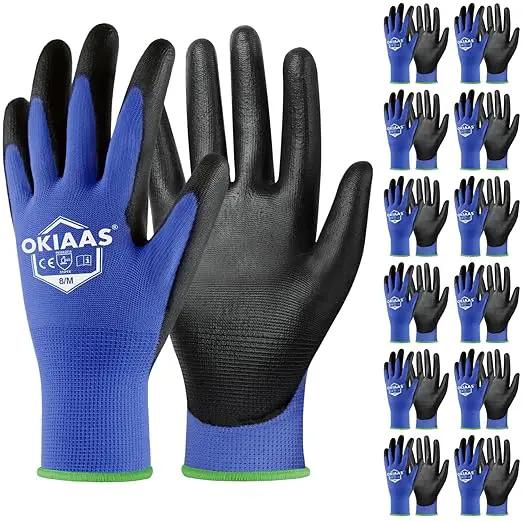 OKIAAS Men's Blue Medium Thin and Lightweight Working Gloves with Grip, 12 Pairs Bulk Pack Construction Gloves by GreenHaven Gardens