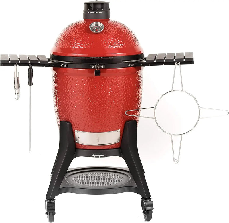 Kamado Joe® Classic Joe™ Series III 18-inch Charcoal Grill & Smoker, Red, with Cart, Side Shelves, Grill Gripper, and Ash Tool, 3 Tier Cooking System, Stainless Steel Cooking Grates, Model KJ23RHCI-A by GreenHaven Gardens