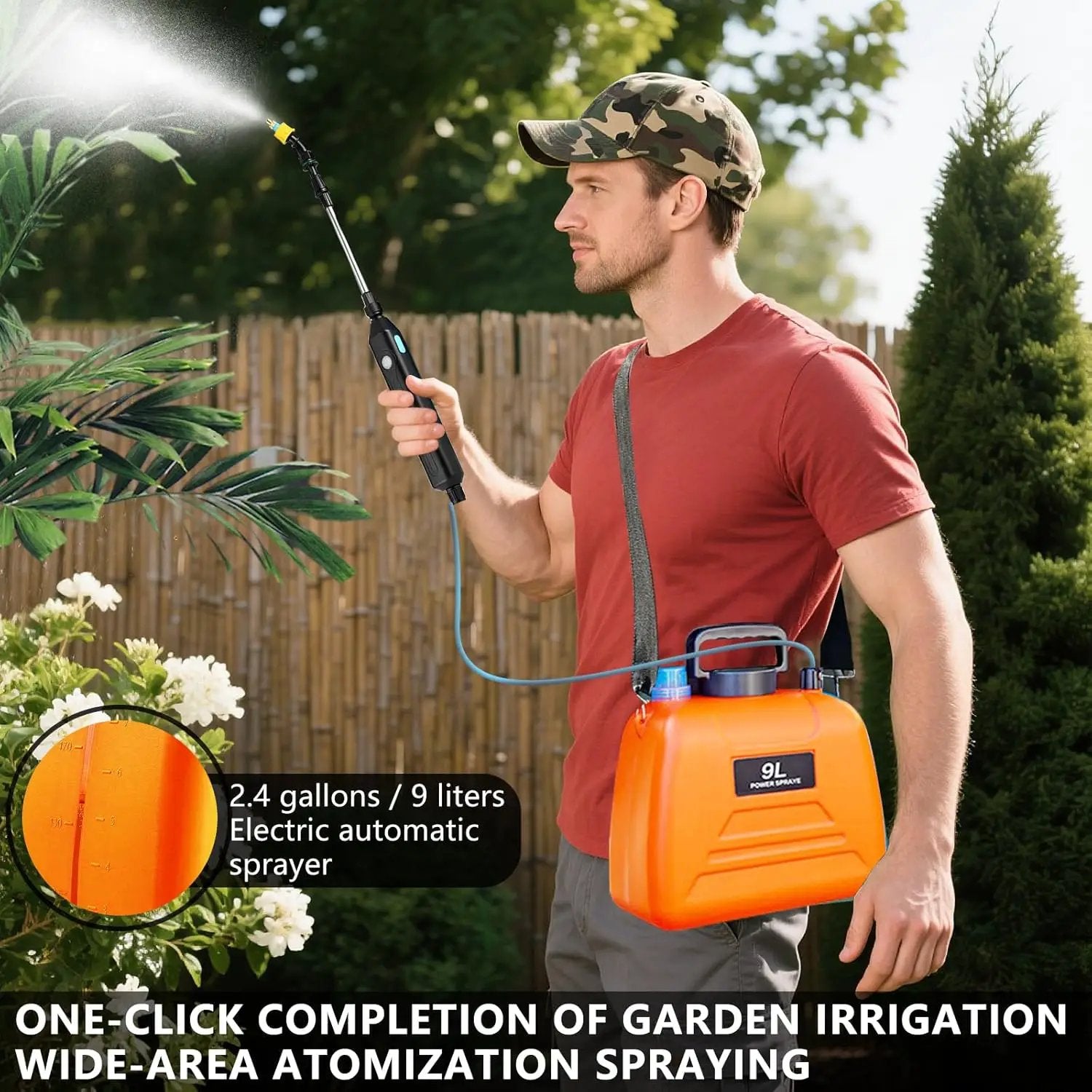 2.4 Gallon Battery Powered Sprayer, Electric Battery Operated Sprayer, Weed Power Sprayers in Lawn and Garden with Adjustable Shoulder Strap and Rechargeable Handle, 3 Mist Nozzles (Orange) by GreenHaven Gardens