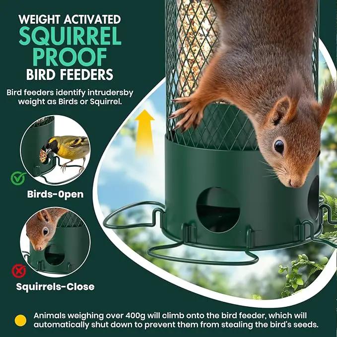 Metal Squirrel Proof Bird Feeders for Outdoors Hanging,Weight-Activated Large Capacity Feeder for Wild Finch, Cardinal,Blue Jay, Chickadee, Weatherproof and Durable 4 Perches,Green by GreenHaven Gardens