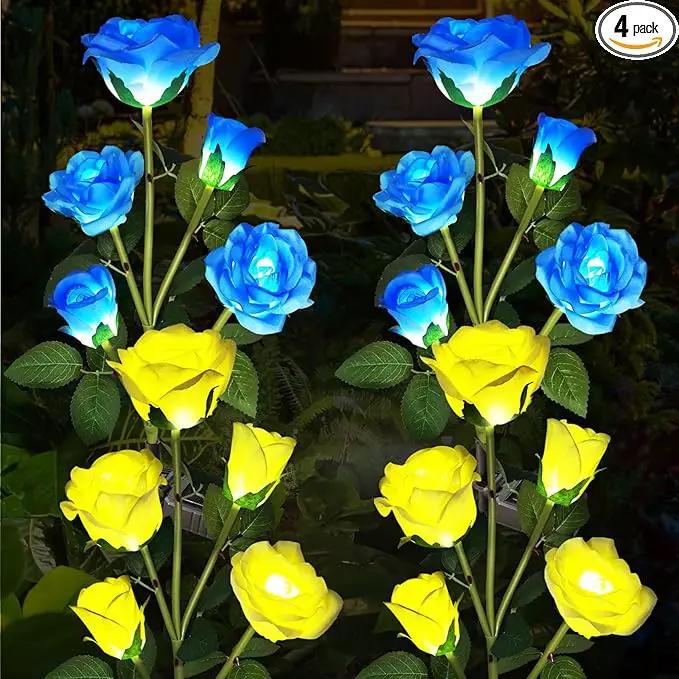 Solar Garden Lights - Realistic 20 Rose Waterproof Solar Flowers for Outside Patio Yard Pathway & Christmas Decorations, Blue & Yellow by GreenHaven Gardens