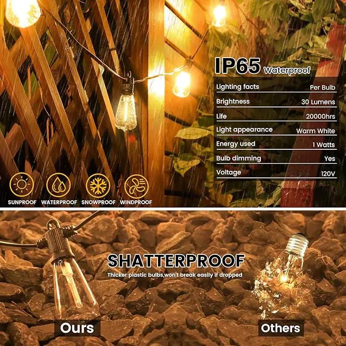 100FT Outdoor String Lights, LED Patio Lights with 50+3 ST38 Vintage Edison Shatterproof Bulbs, IP65 Weatherproof Outside Hanging Lights for Backyard Bistro Cafe Garden(50FTx2) by GreenHaven Gardens