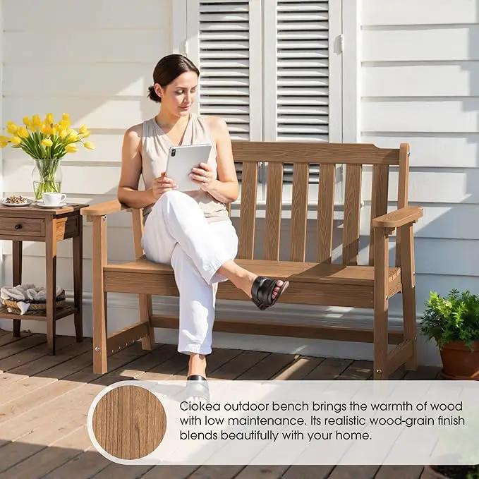 Ciokea 46" Heavy Duty Outdoor Bench, HDPE Weatherproof Garden Benches, Durable 2-Person Benches with 660 Lbs, Waterproof Patio Porch Bench for Outside Balcony Deck Backyard, Teak by GreenHaven Gardens