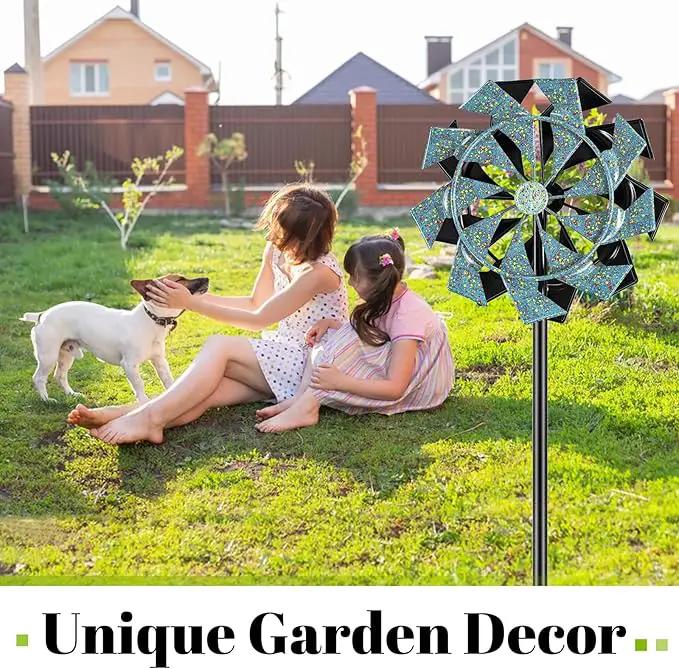 59 inch Outdoor Kinetic Wind Spinner, Double Blade Wind Sculpture with 5 Prong Base, Geometric Metal Windmill for Garden, Lawn & Patio Decoration (Blue Gold) by GreenHaven Gardens