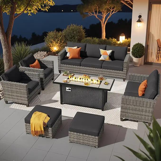 ovios 7 Pieces Patio Furniture Set with 54" Fire Pit Table, Outdoor Wicker Sofa with Comfy Cushions, All Weather High Back Rattan Couch Conversation Set, Black by GreenHaven Gardens