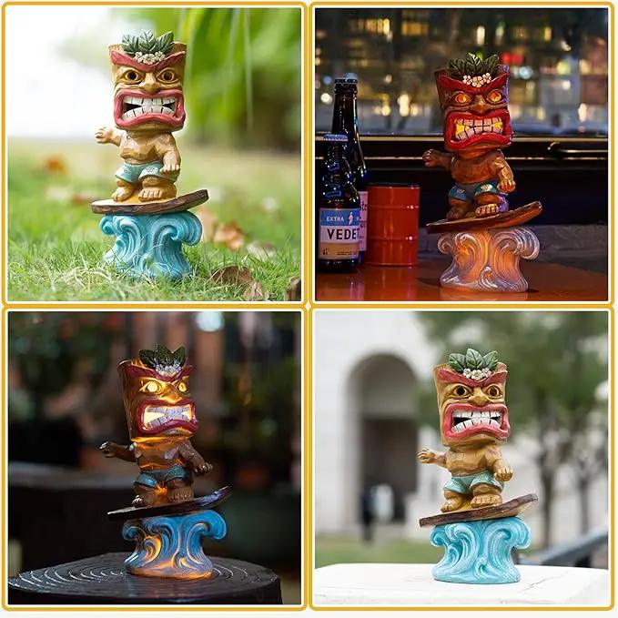 Solar Tiki Statue Outdoor Decor-Tiki Bar Decor-Garden Tiki Surfing Statues Waterproof Decoration Figurine for Tiki Bar,Patio,Balcony,Yard,Lawn,Table,Desk 9.92 Inches Tall by GreenHaven Gardens