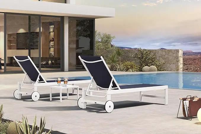 PURPLE LEAF Outdoor Chaise Lounge Staight Legs Adjustable Sunbathing Recliner with Side Table Navy Blue 2 Sets by GreenHaven Gardens