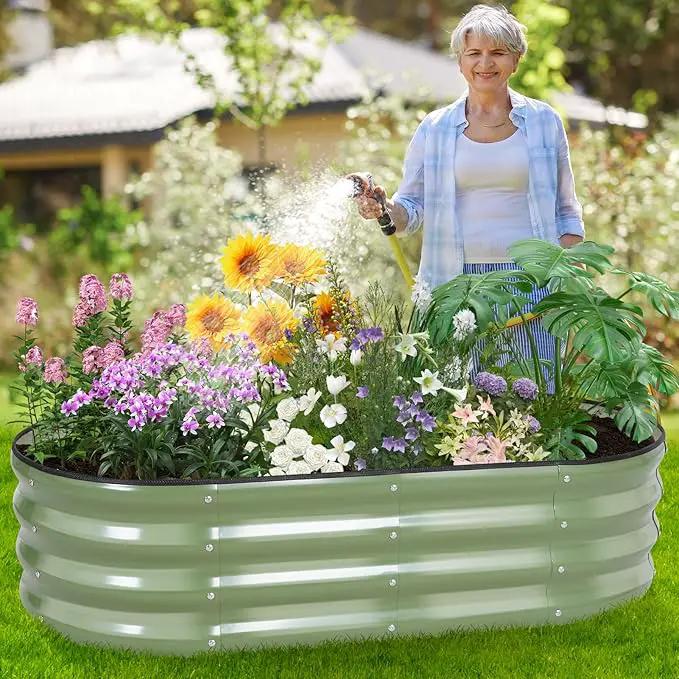 Galvanized Raised Garden Bed Outdoor - 4×2×1ft Planter Raised Beds for Gardening | Oval Metal Garden Planter Box with Safety Edging and Gloves for Vegetables Fruits and Flowers OliveGreen by GreenHaven Gardens