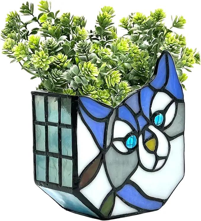 Purple Cat Flower Pot,Cute Pots for Plants,Small Plant Pot with Unique Cat Face Design,Tiltable Cat Terrarium Decoration,4.6x3x5.15 in(Excluding Plants) by GreenHaven Gardens